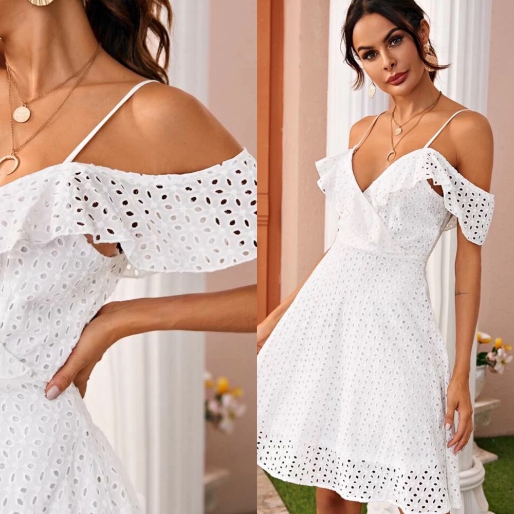 White embroidered cold shoulder cami dress midi - Picture 5 of 5